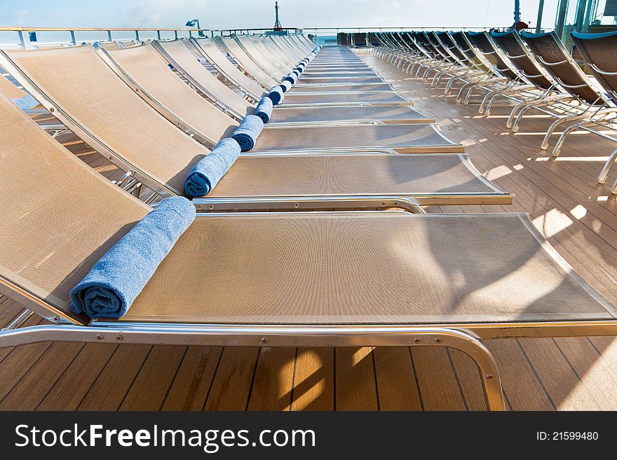 Outdoor relaxation area on stern of cruise liner. Outdoor relaxation area on stern of cruise liner