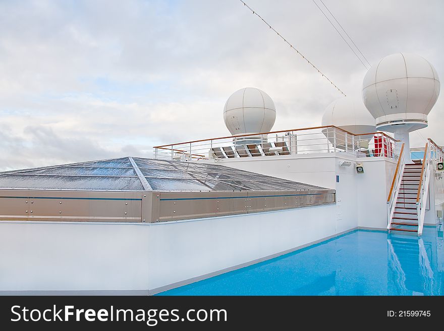 Upper deck of cruise liner in overcast day