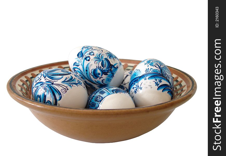 Blue easter eggs in dish