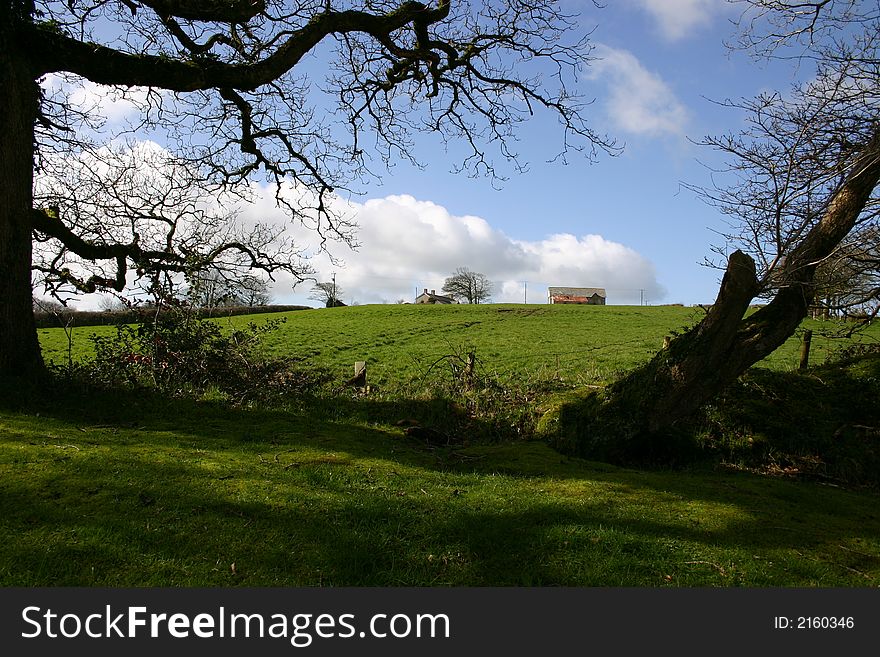 Farmhouse and out-buildings on the top of a hill looking through the trees. Farmhouse and out-buildings on the top of a hill looking through the trees