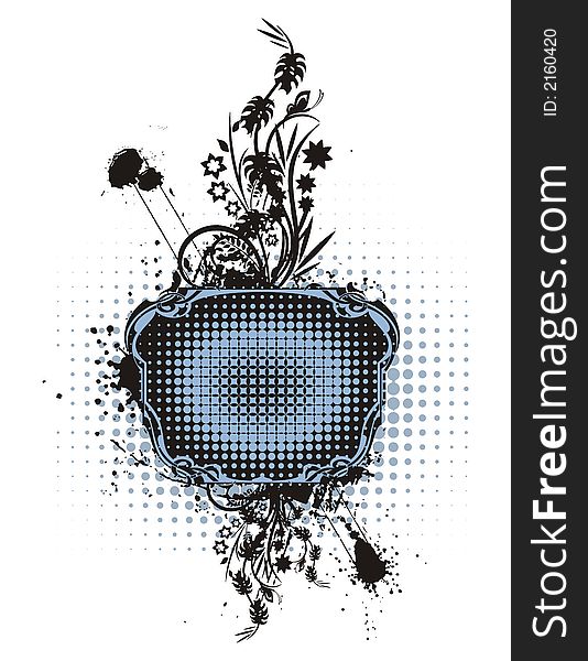 Abstract floral frame with grunge and halftone effects, designed in blue and black colors. Abstract floral frame with grunge and halftone effects, designed in blue and black colors.