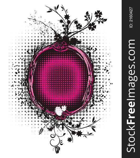 Abstract floral frame with grunge and halftone effects, designed in purple and black colors. Abstract floral frame with grunge and halftone effects, designed in purple and black colors.