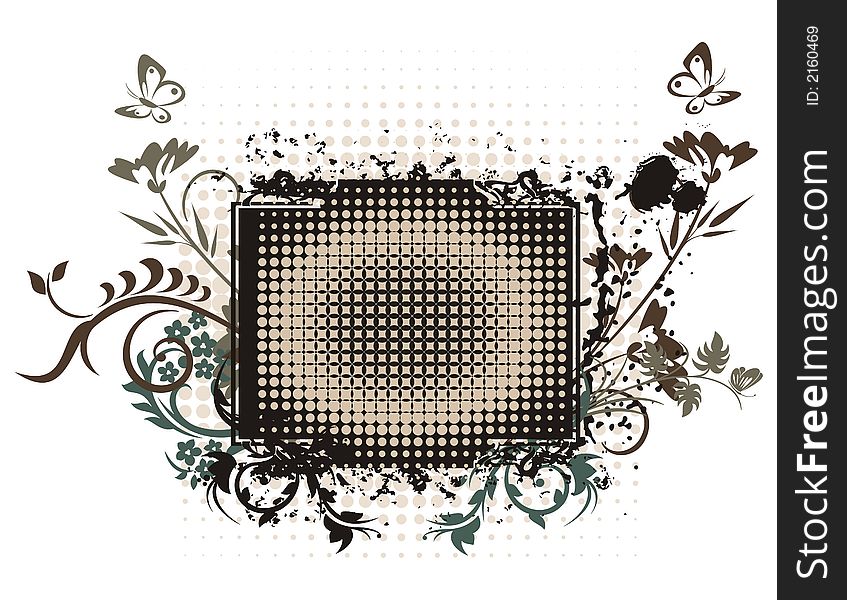 Abstract floral frame with grunge and halftone effects, designed in beige and black colors. Abstract floral frame with grunge and halftone effects, designed in beige and black colors.