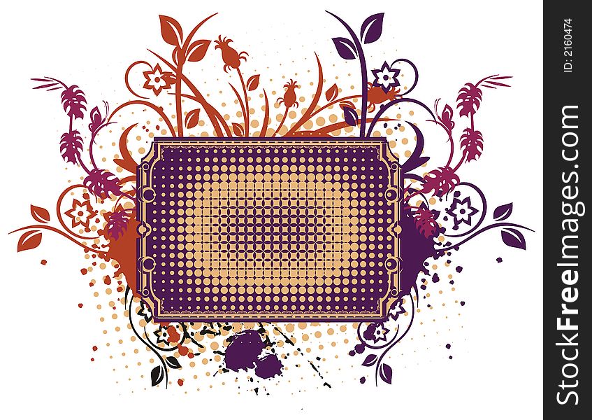 Abstract floral frame with grunge and halftone effects, designed in violet, red, black and yellow colors. Abstract floral frame with grunge and halftone effects, designed in violet, red, black and yellow colors.