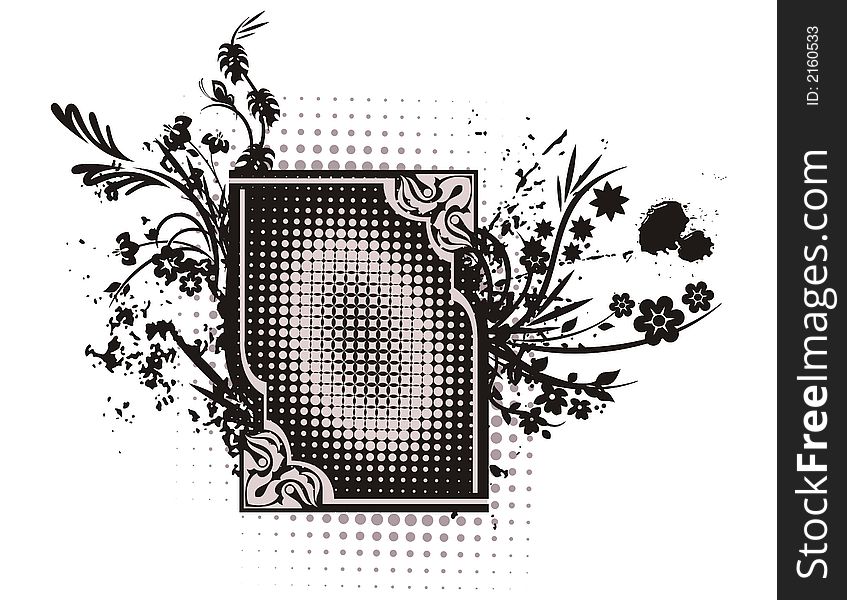 Abstract floral frame with grunge and halftone effects, designed in grey and black colors. Abstract floral frame with grunge and halftone effects, designed in grey and black colors.