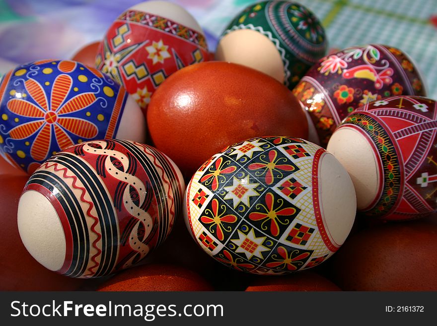 Colored Easter eggs on the table
