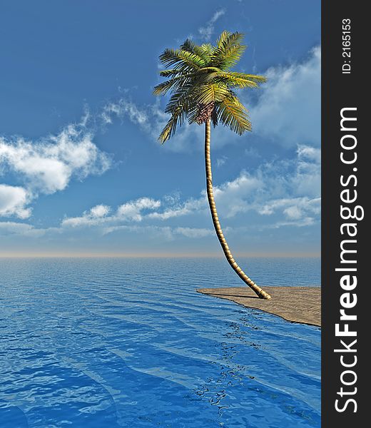 Coconut palms at sand beach - 3D scene. Coconut palms at sand beach - 3D scene.