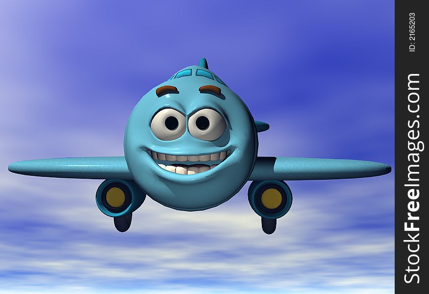 A Smiling blue emoticon plane greets you from the sky. Computer Generated Image, 3D models. A Smiling blue emoticon plane greets you from the sky. Computer Generated Image, 3D models.