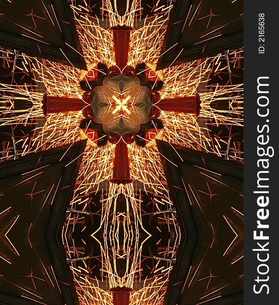 Kaleidoscope cross from photo of sparks from welder grinding metal. Kaleidoscope cross from photo of sparks from welder grinding metal