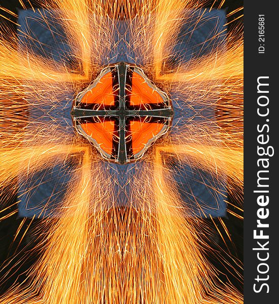 Kaleidoscope cross from photo of sparks from welder grinding metal. Kaleidoscope cross from photo of sparks from welder grinding metal