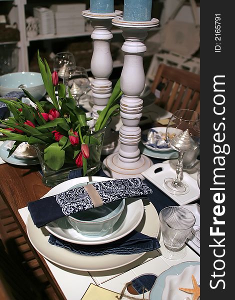 Sea theme for decoration of dinner table. Sea theme for decoration of dinner table