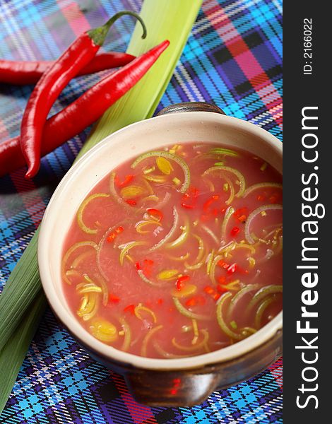 Tasty soup made from sauerkraut with pepper and leek. Tasty soup made from sauerkraut with pepper and leek