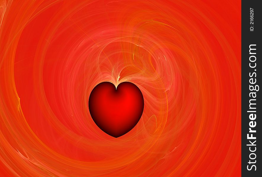 Fractal valentine heart design; red heart and orange background