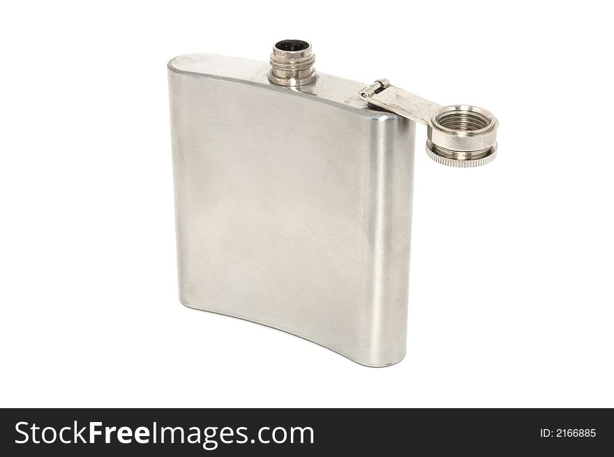 Metallic open shiny hipflask with screw-top. Metallic open shiny hipflask with screw-top