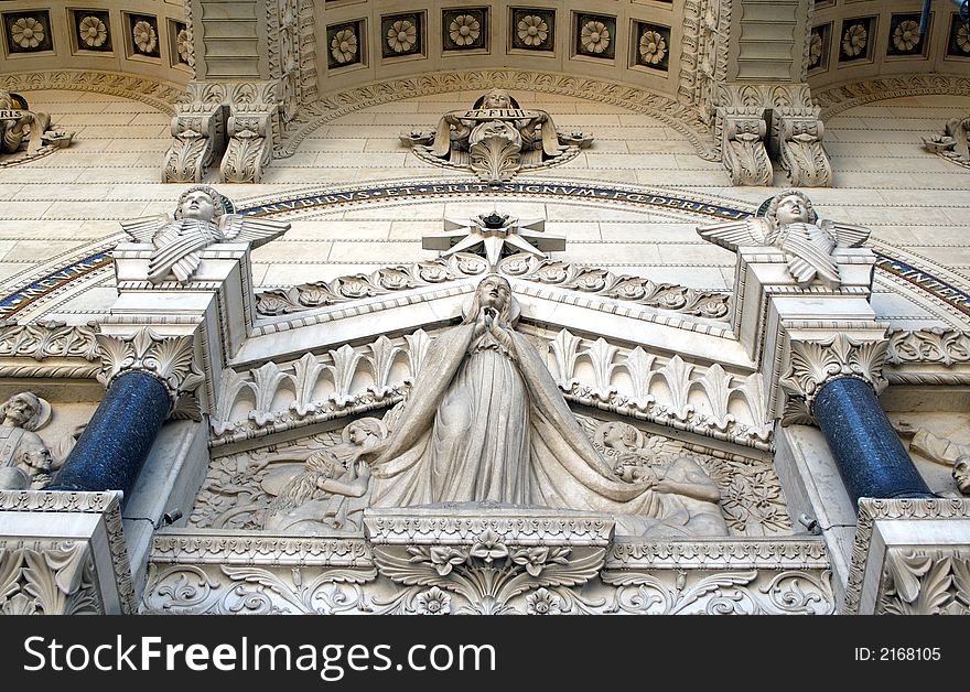 The bas-relief on the front at basilique de fourvier. Lyon. France.