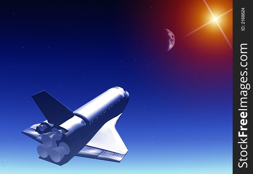 A conceptual image of spacecraft flying away from Earth. A conceptual image of spacecraft flying away from Earth.