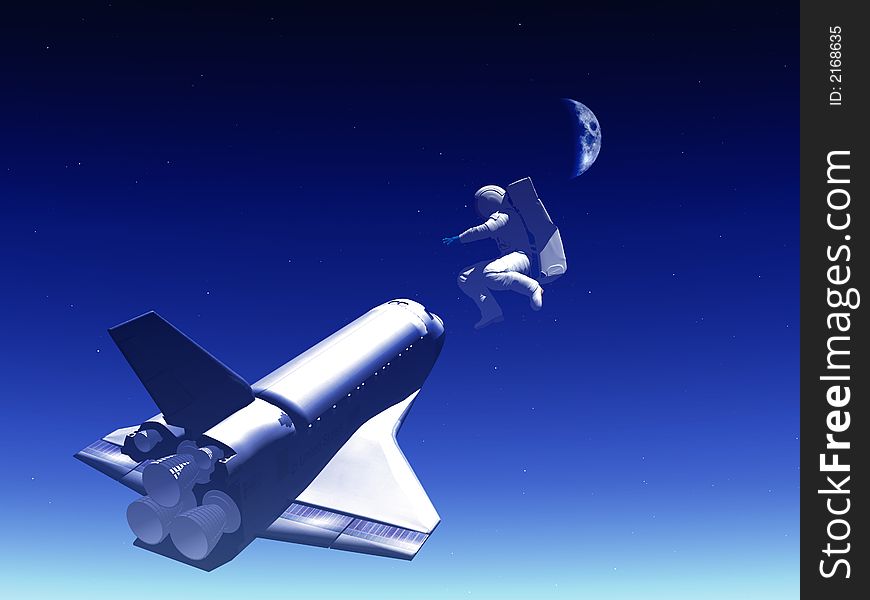 A conceptual image of spacecraft and spaceman flying away from Earth. A conceptual image of spacecraft and spaceman flying away from Earth.