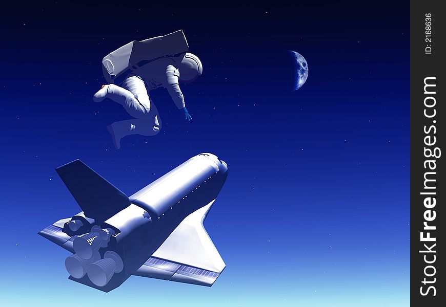 A conceptual image of spacecraft and spaceman flying away from Earth. A conceptual image of spacecraft and spaceman flying away from Earth.