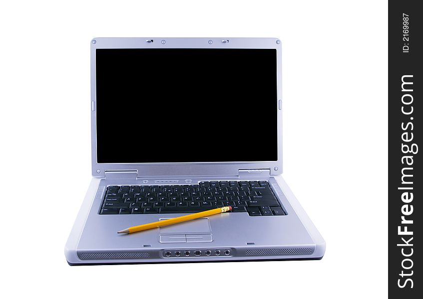 Laptop and a pencil selected on a white background