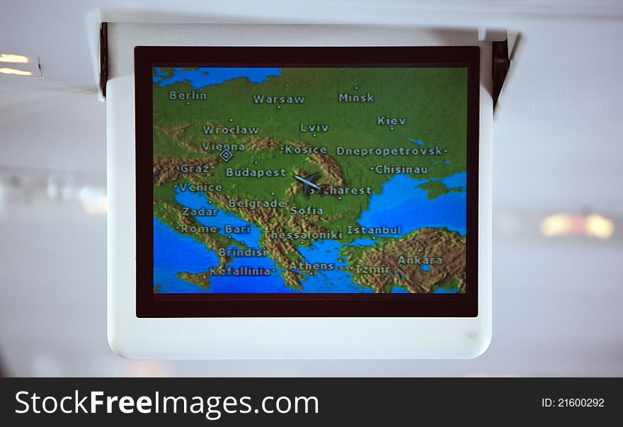 A tv screen with gps signal on plane. A tv screen with gps signal on plane