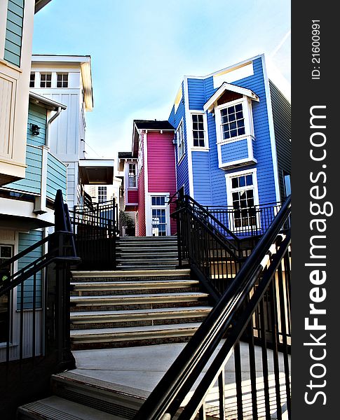 Colorful Houses shot with stairs in the foreground. Colorful Houses shot with stairs in the foreground.