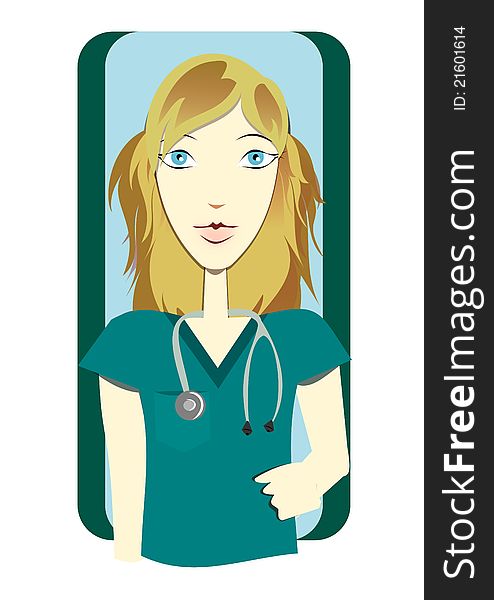 Blonde girl wearing scrubs and a stethoscope. Blonde girl wearing scrubs and a stethoscope