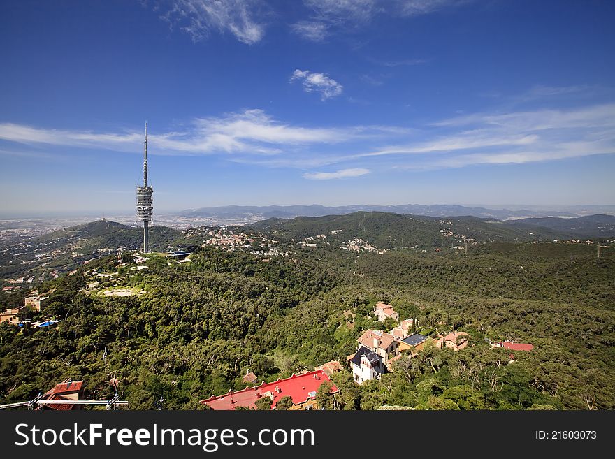 Landscape of Barcelona, view to the television tower fron Tibidabo area.