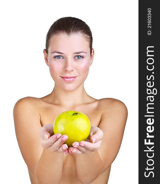 Woman holding apple in front of, isolated on white background