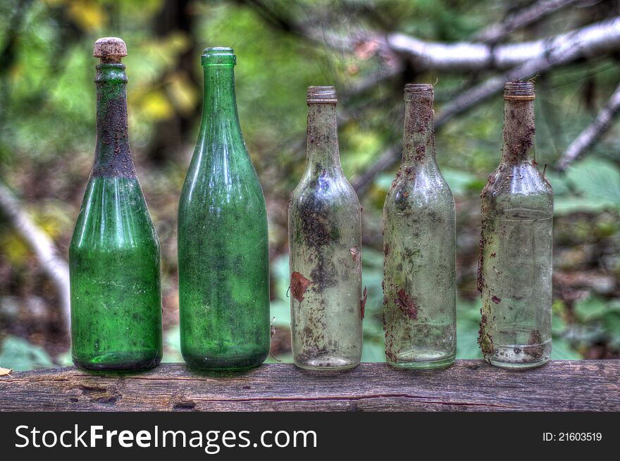 Bottles on a fallen tree in the forest