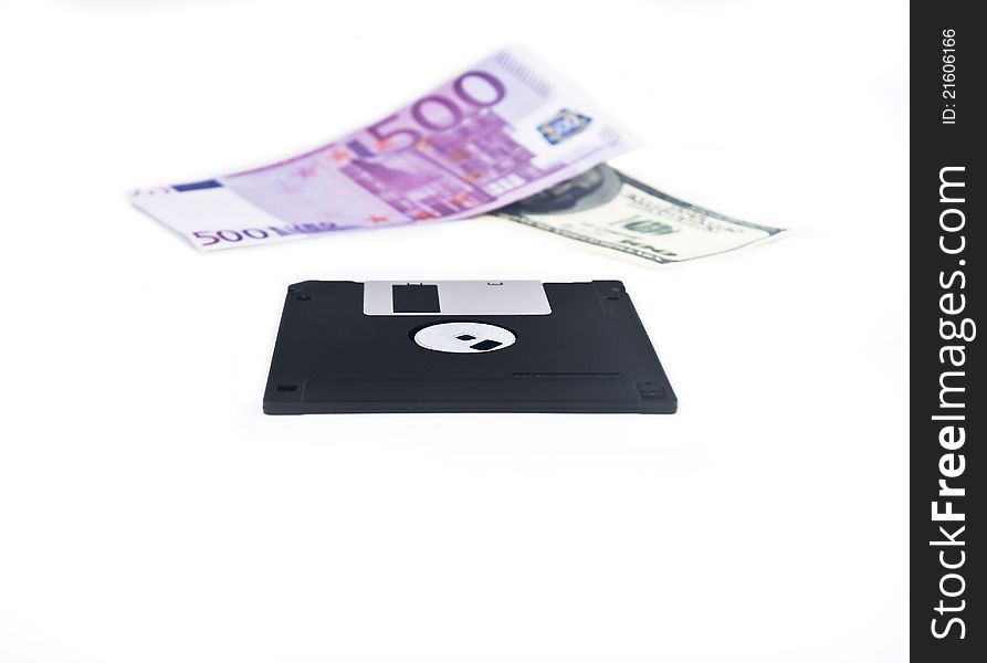 Floppy diskette with euro and dollar bills on a background