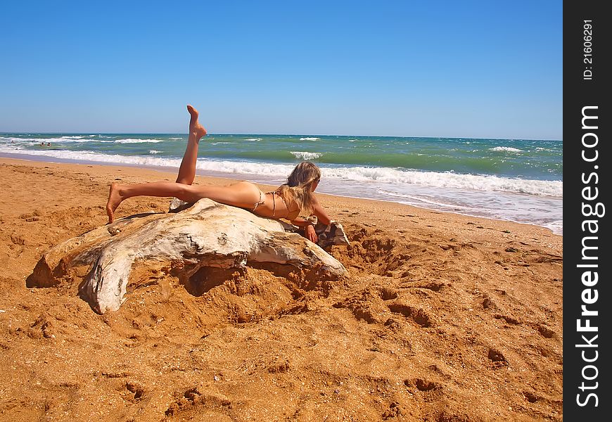 Beautiful young woman on a log at the beach