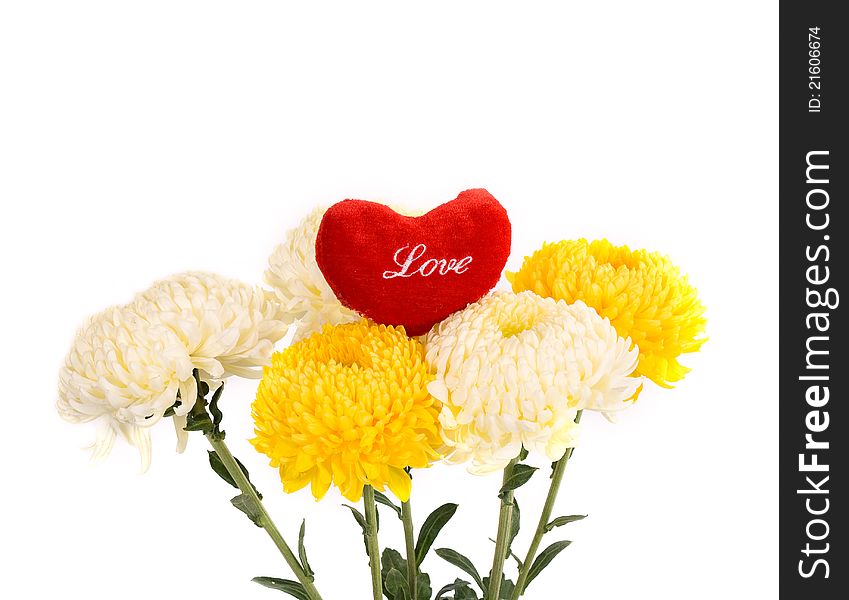 Bouquet of white and yellow chrysanthemums with red heart. Bouquet of white and yellow chrysanthemums with red heart