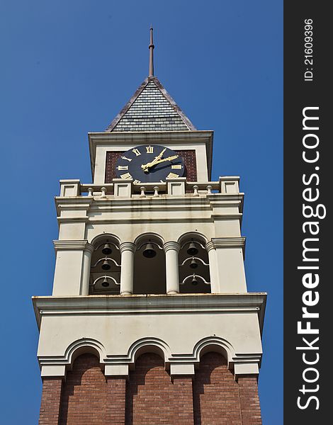 The red and white clock tower bell.