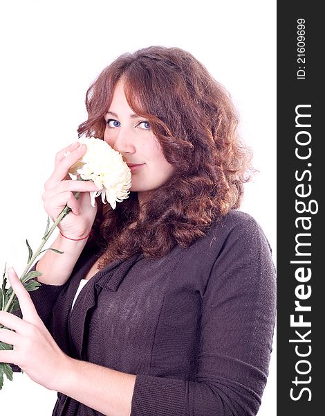 Young Woman Face With Great Smile And Flower