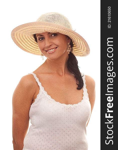 Happy woman in straw hat isolated on white background. Happy woman in straw hat isolated on white background.
