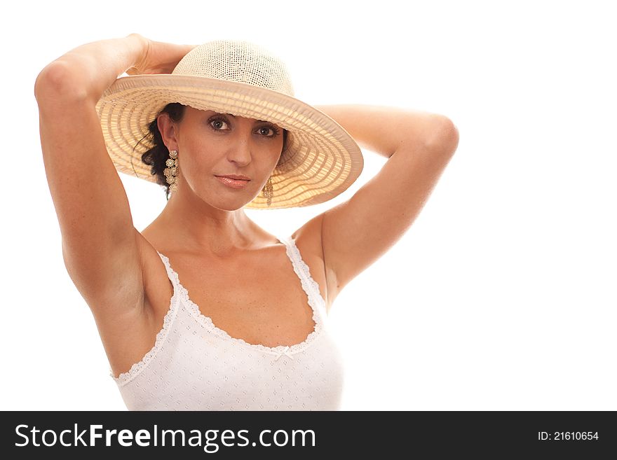 Italian woman in straw hat isolated on white background. Italian woman in straw hat isolated on white background.