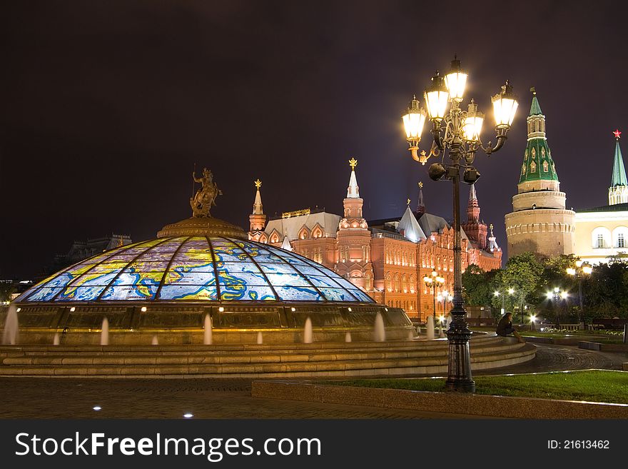View of Glass cupola and Kremlin Wall at night