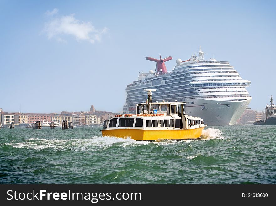 Boat and Cruise Ship in Venice lagoon