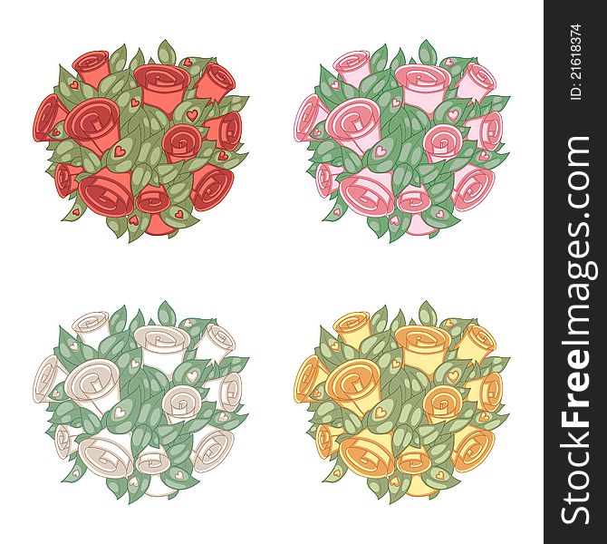 Bouquet of roses in four color variations. Vector illustration. Bouquet of roses in four color variations. Vector illustration.