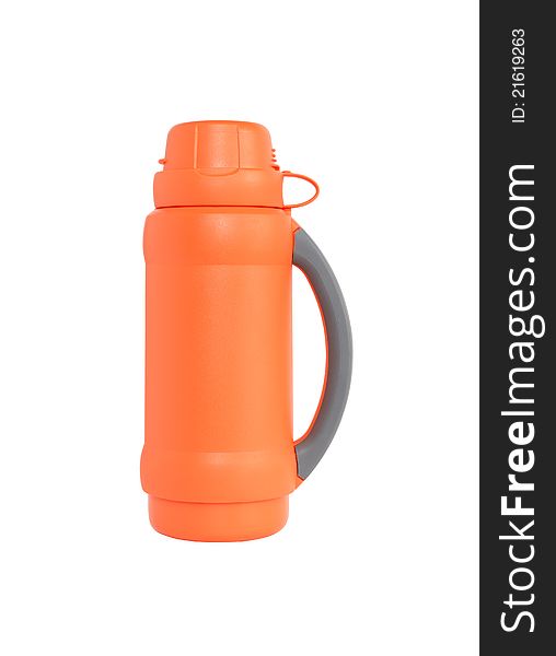 A new modern orange thermos standing on white background. Isolated with clipping path. A new modern orange thermos standing on white background. Isolated with clipping path