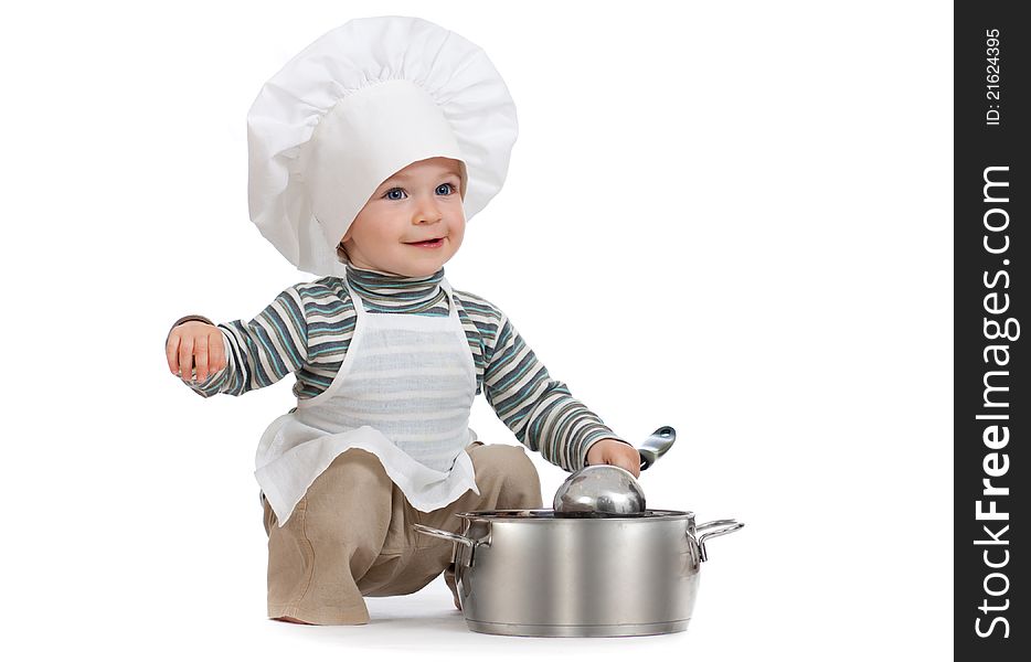 Kitchen boy with pan isolated on white