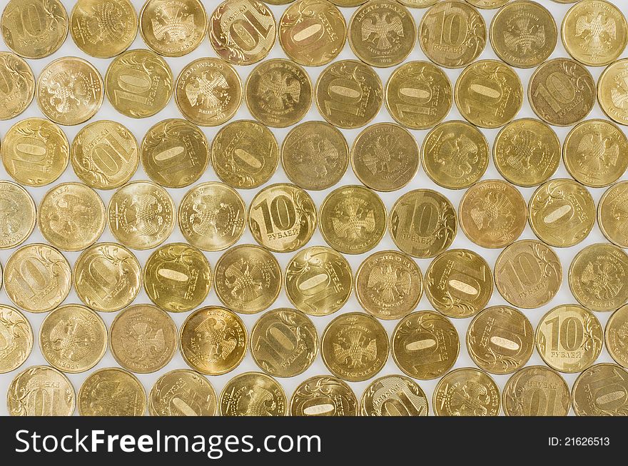 Background from coins in ten roubles.