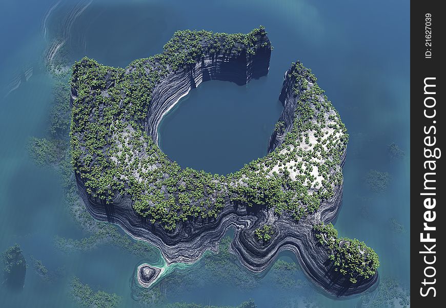 Exotic island in aerial view with vegetation