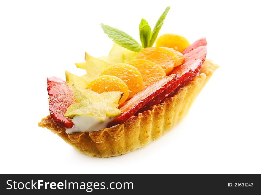 Cake basket with fruits, isolated on a white background