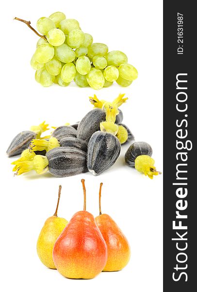 White grapes, sunflower seeds and pears on a white background