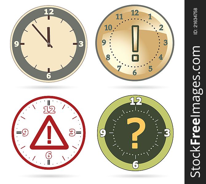 Clock set with question, exclamation marks and warning sign instead of clock hands