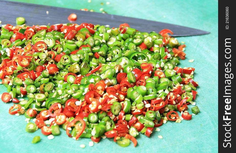 Mince red and green of bird chili. Mince red and green of bird chili