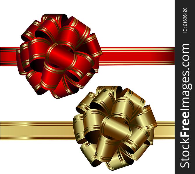 Set of two vector bows: red and gold, on a white background. Set of two vector bows: red and gold, on a white background