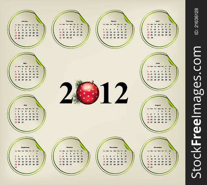 New Year's vector calendar, weeks are located on round stickers. New Year's vector calendar, weeks are located on round stickers