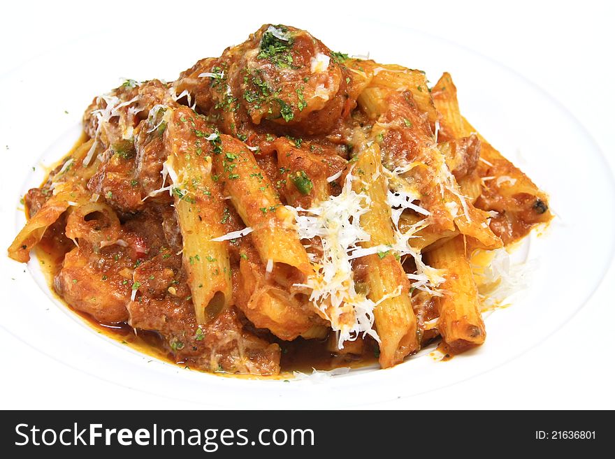 Penne italian pasta with tomato sauce and parmesan cheese
